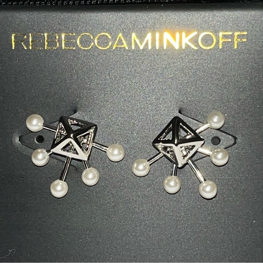 Rebecca Minkoff Cutout Silver Pyramid Stud with Bead Fan Stud Earrings New